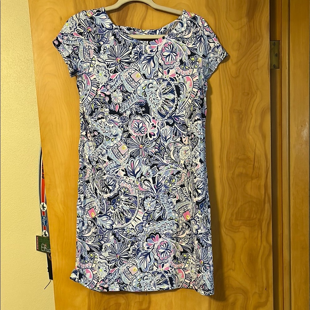 Lilly Pulitzer Short Sleeve Bay Dress in Iris Blue Namastay in the Jungle Medium